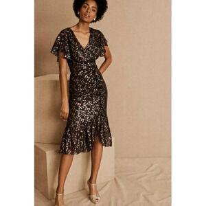 BHLDN Mestiza Valora Size 0 Metallic  Ruffle Silk Dress New!